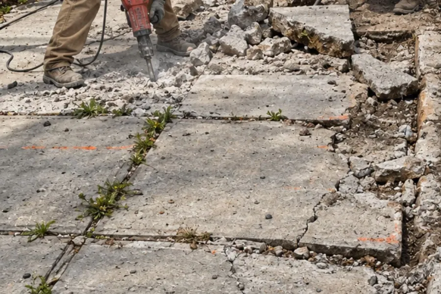 Construction crew removing cracked sidewalk concrete during a DOT sidewalk violation repair project in Flushing, Queens.