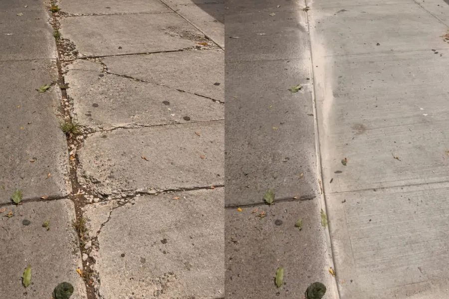 Cracked and deteriorated sidewalk slabs before NYC DOT violation repairs at a mixed-use property in Crown Heights, Brooklyn.