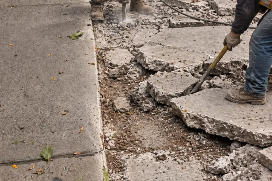 Workers removing damaged concrete slabs during a sidewalk violation repair project on Utica Ave in Crown Heights, Brooklyn.