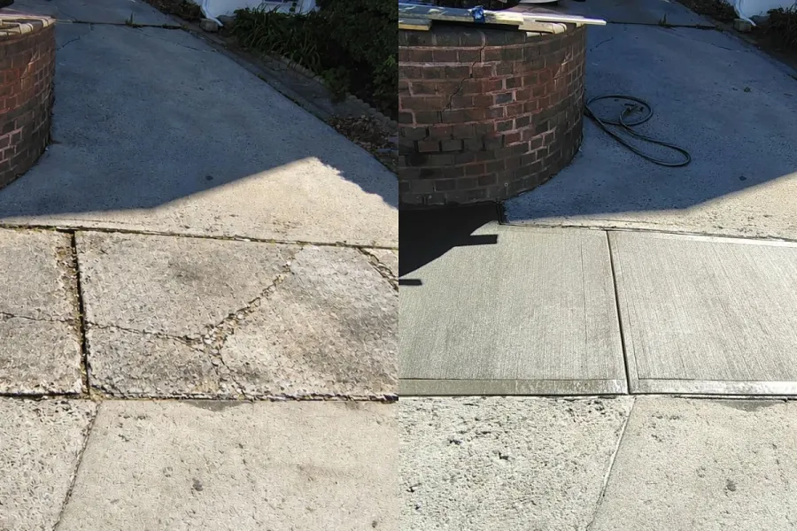 Simulated cracked sidewalk compared with newly replaced slabs outside 119-40 6th Avenue in College Point, Queens.