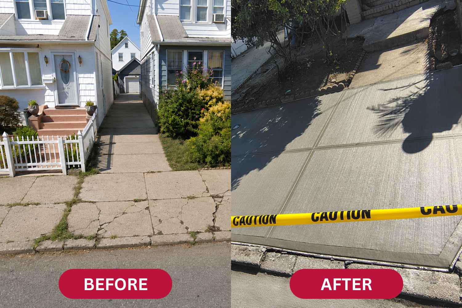before and after comparison of a cracked sidewalk replaced with new concrete in Jamaica Hills