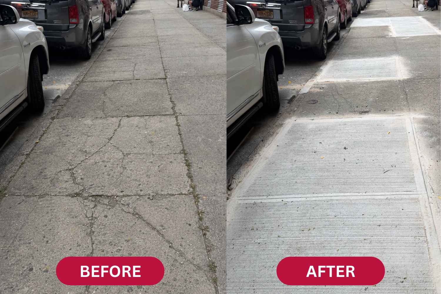 before and after view of cracked sidewalk slabs replaced with new concrete in sunnyside queens