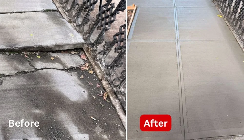 before and after view of sidewalk violation repair in brooklyn where tree root damage caused uneven concrete slabs
